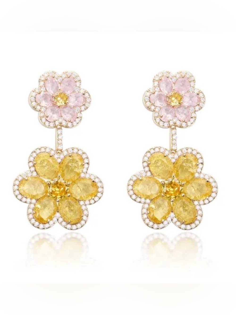 Pink Yellow Floral Gold CZ Earrings